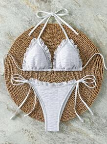 Swim SXY Springbreak Fashionable Elegant Cute Draped Frilled Metallic Mesh Triangle Halter Solid Color Side-Tie Bikini Two-Piece Swimwear, Summer Beach Vacation - White - View 2