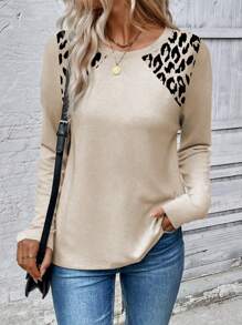 INAWLY Women Leopard Print Symmetric Shoulder Long Sleeve Round Neck T-Shirt Fall Cloth For Women - Multicolor - View 3