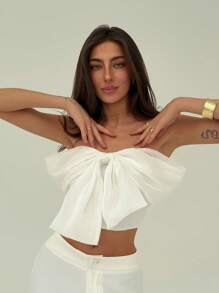 Aloruh White Contrast Fabric Bow Front Bustier Crop Top, Romantic For Wedding And Date