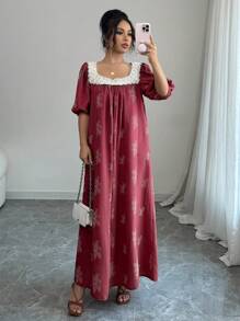 Mulvari Women Contrast Color Lace Patchwork Embroidery Arabian Dress - Red - View 1