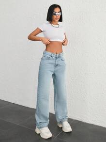 EURMUSE WOMEN HIGH WAIST STRAIGHT SNOW WASH CASUAL BLUE DENIM - Light Wash - View 5