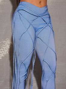Vixey Asymmetrical Waist Fringe Detail Skinny Pants, Spring Summer For Women, Streetwear For Women - Blue - View 2