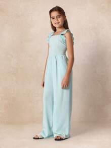 SUMWON Mono de verano con volantes en los tirantes, pierna ancha de longitud completa, diseño contemporáneo casual, pantalón mono para niñas, ropa de vacaciones y resort, moda juvenil