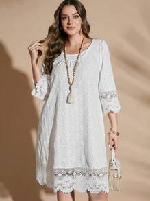 SHEIN Clasi Plus Size Women Round Neck Loose Lace Patchwork Casual Dress - White - View 3