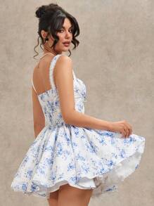 SHEIN BAE 夏季简约优雅纯蓝色碎花修身拉链甜美褶皱女士连衣裙，情人节连衣裙，节日连衣裙，白色连衣裙，婚礼伴娘礼服，生日礼服，返校季毕业季连衣裙 - 彩色 - 查看 2