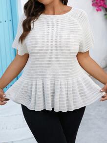 INAWLY Plus Tie Front Raglan Sleeve Peplum Knit Top - White - View 6