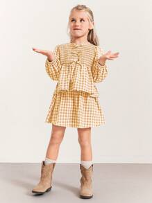 SHEIN Girls' Checkered Woven Fabric Puff Sleeve Flared Hem Blouse In Nature Style - Yellow - View 1