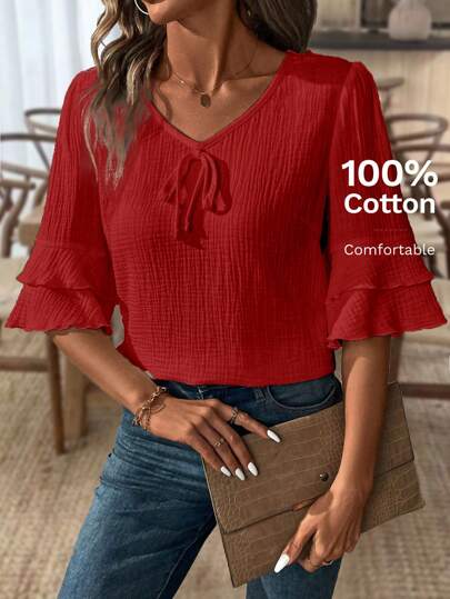 SHEIN LUNE Ruffled Short Sleeve V-Neck Casual Linen Blouse For Women For New Year Clothes