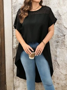 SHEIN LUNE Plus Size Black Long Blouse For Women, Spring & Summer
