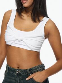 MISSGUIDED Twist前裁剪背心无袖夏季运动瑜伽运动文胸风格修身版型时尚休闲锻炼健身房上衣 - 白色 - 查看 5