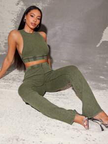 Vixey 高腰罗纹喇叭裤，女士街头服饰，女士休闲服饰，休闲套装 - 橄欖綠 - 查看 6