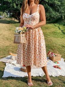 Flirla 大码女式春夏碎花撞色蕾丝吊带连衣裙