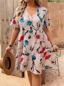 EMERY ROSE Plus Size Women's V-Neck Button Front Floral Patterned Dress