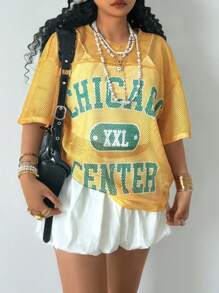 SHEIN Camiseta casual con estampado de letras para niñas preadolescentes en primavera/verano, camisetas gráficas de verano