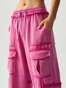 Bohemela Plus Size Solid Color Knitted Loose Cargo Pants,Vintage - Hot Pink - View 6