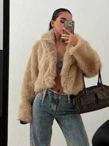 EURMUSE Stylish Faux Fur Oversize Cropped Women's Jacket - Mocha Brown - View 1