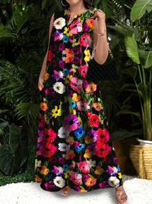 SHEIN LUNE Plus Size Casual Elegant Random Floral Print Sleeveless Dress, For Women, Suitable For Summer, Beach, Spring, Vacation - White - View 3