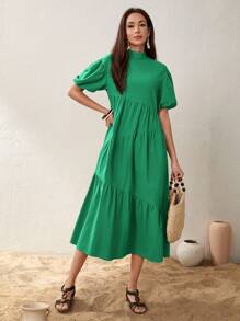Seusyu Mock Neck Puff Sleeve Ruffle Hem Dress - Green - View 8