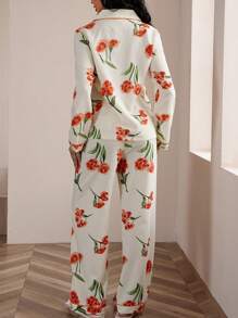 LuxeNights Conjunto de Pijama com Top de Manga Longa com Gola Esporte e Calça, Estampa Floral com Textura de Bolha, Roupas de Outono e Inverno - Multicolorido - Visão 3
