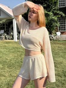 SHEIN EZwear Apricot Casual Knitted Women 2 Pieces Set, Simple Solid Color Long Sleeve Top And Shorts