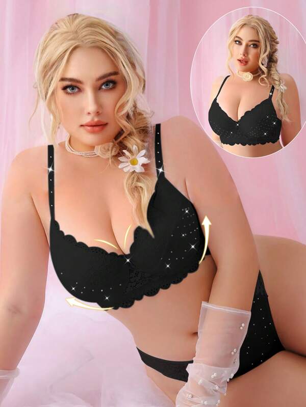 1 pieza Sujetador con aros, encaje y aplicaciones de strass para tallas grandes