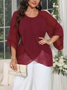 SHEIN Clasi 大码女士时尚分层休闲衬衫，适合新年、情人节、感恩节、圣诞节、复活节、国庆节、联欢晚会、除夕夜、圣诞派对、圣诞装饰、圣诞睡衣、春假折扣、情人节之爱、亲吻、玫瑰 - 紅色 - 查看 5