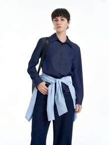 SHEIN Clasi 女式前扣长袖口袋休闲优雅衬衫 - 藍色 - 查看 3