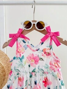 SHEIN 2pcs/Set Baby Girl Cute Floral Print Knitted Dress, Summer Clothes - Hot Pink - View 10