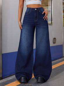 SHEIN Tall Women's Front Button Pocket Simple Casual Wide Leg Washed Denim Jeans - Dark Wash - View 1