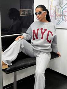 EURMUSE Chic & Cool Oversize Boat Neck Printed Brushed Back Sweatshirts - Grey - View 7