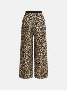 SHEIN Leap Crew Tween Girl's Contrast Black Waistband Leopard Print Fashion Woven Wide Leg Pants - Brown - View 3