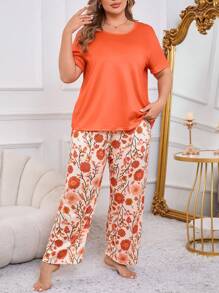 花卉印花大码睡衣套装，日常休闲家居服，服装