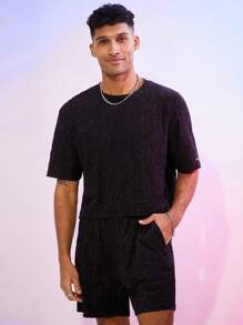 FeverCity 男士针织宽针织短袖T恤套装 - 黑色 - 查看 5