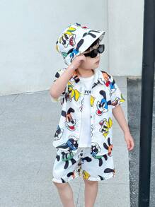 3 件装年轻男孩可爱休闲兔子短袖衬衫短裤渔夫帽三件套适合年轻男孩服装，适合年轻男孩服装。适合日常锻炼、上学、居家、日常穿着，适合日常使用，适合校服，适合旅行，适合运动，适合春夏季节。