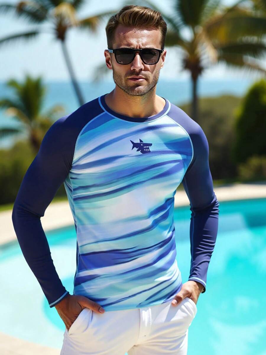 Manfinity Swimmode Men's Long Sleeve Swim Shirt: Blue Wave Print Rashguard For Beach And Surfing Men Swim Trunks - Blue - View 1