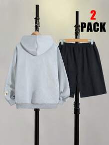 RueChic Ensemble regular de sweat-shirt à capuche et short avec détail de patchs pour hommes - Gris - Voir 2