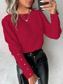 SHEIN Clasi French Elegant Lace Panel Button Design Office Lady Top - Burgundy - View 3