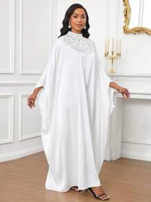 SHEIN Lady 四季优雅朴素长袍华丽白色亮片拼布设计长裙