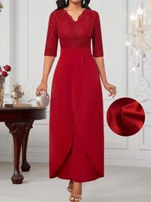 SHEIN Lady 四季生日婚礼婚宴优雅浪漫休闲度假服装女士夏季服装女士红色蕾丝拼接不对称荷叶边下摆设计连体裤女式连体裤 - 紅色 - 查看 1