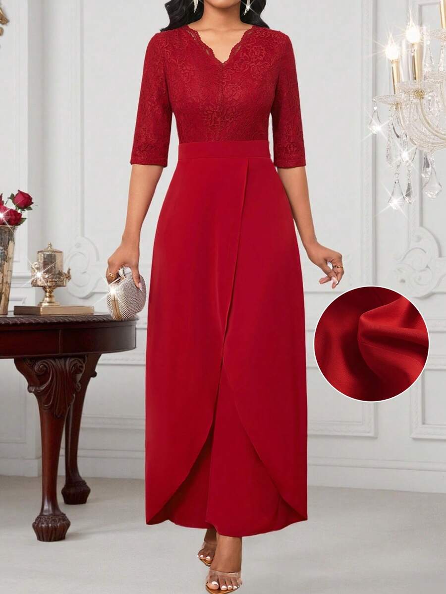 SHEIN Lady 四季生日婚礼婚宴优雅浪漫休闲度假服装女士夏季服装女士红色蕾丝拼接不对称荷叶边下摆设计连体裤女式连体裤 - 紅色 - 查看 1