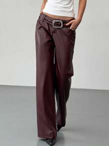 Aloruh Burgundy PU Leather Pocket Waist Straight Leg Pants For Women