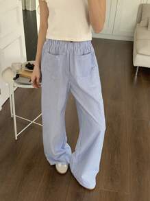 CovetEZ Women's Casual Striped Wide Leg Pants - Blue - View 1