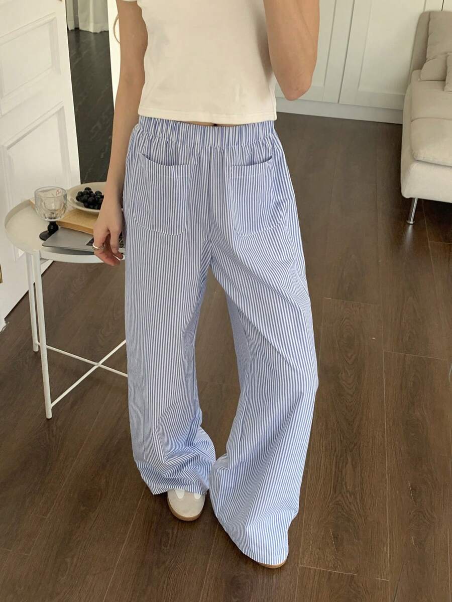 CovetEZ Women's Casual Striped Wide Leg Pants - Blue - View 1