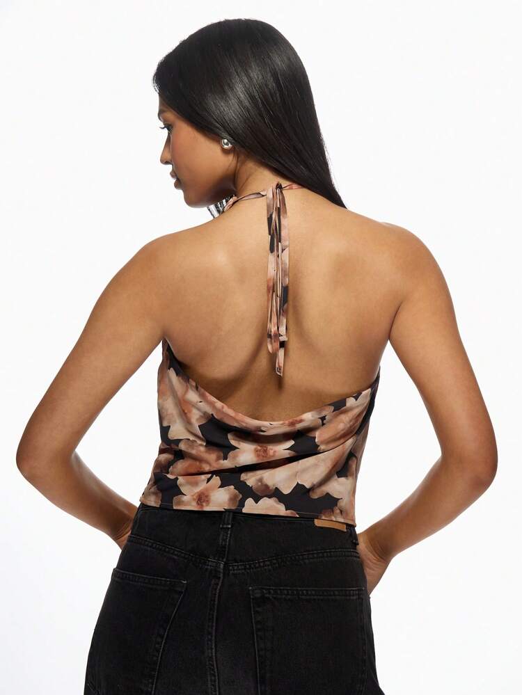 MISSGUIDED Elegant Floral Cowl Neck Halter Top Draped Evening Party Club Night Out Summer Sleeveless Fashion Blouse