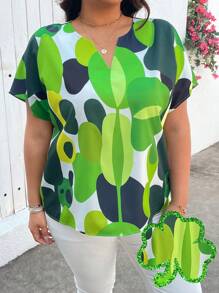 SHEIN LUNE SHEINLUNE 大码女式四叶草印花 V 领短袖衬衫裙、圣帕特里克节、圣帕特里克节、圣帕特里克节、圣帕特里克节、绿色节日装饰、爱尔兰节日、三叶草、妖精、3 月 17 日、三叶草、幸运符、盖尔语风格礼物、女士夏季服装、春假服装、夏季波西米亚风复古风女士夏季服装、春假狂欢服装、节日春假服装