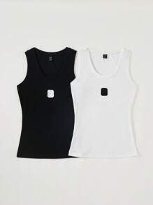 SHEIN BASICS 2 Packs Casual Solid Knitted Slim-Fit Tank Top - Black and White - View 1