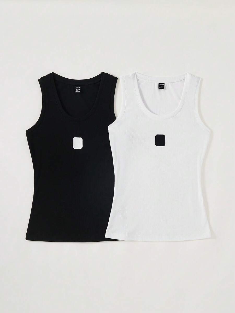SHEIN BASICS 2 Packs Casual Solid Knitted Slim-Fit Tank Top - Black and White - View 1