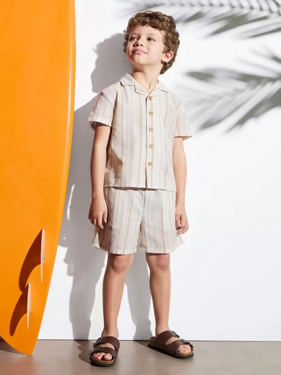 SHEIN 男童休闲条纹衬衫和短裤套装 - 彩色 - 查看 1