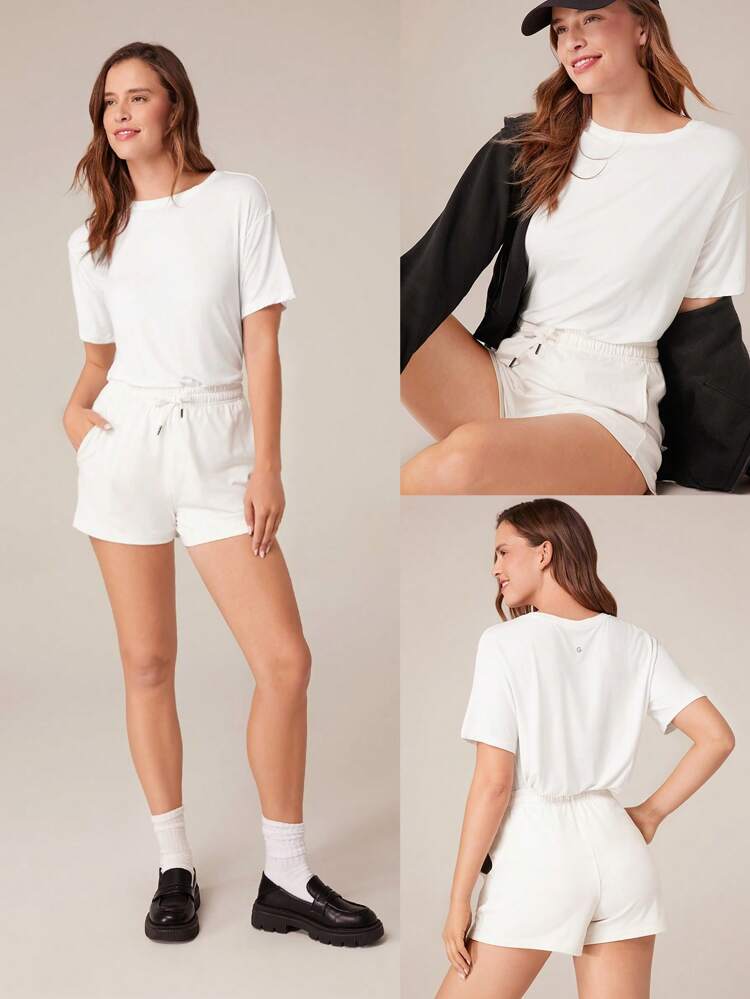 2 pezzi set casual di maglia modal a vestibilità rilassata e pantaloncini con vita regolabile in vita a cordoncino CloudKnit da 6,35 cm con tasche laterali, adatto per la primavera/estate