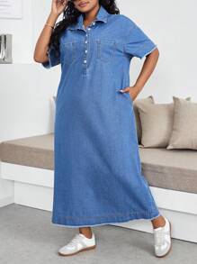 SHEIN Lady Plus Size Long Denim Casual Short Sleeve Dress, Blue Summer Vacation Outfits Woman 90s Clothes Spring Outfits For Women Y2k Clothes Cowgirl Outfits For Women Rave Spring Break Outfits Going Out Outfits Streetwear 2000s Style Concert Outfits Old Money Vegas Night Outfit Festival Outfits For Women Rave Outfits Festival Easter Women Birthday Outfits For Women Beach Outfits For Woman Boho Ibiza Fits Festival Outfits For Women - Blue - View 5